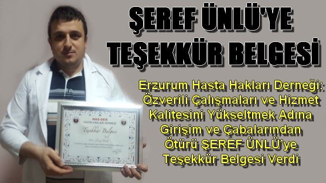 ŞEREF ÜNLÜ´YE TEŞEKKÜR BELGESİ